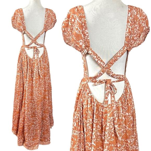 Free People Ultraviolet Maxi Dress in Tea Combo Size Large Prairie Cut Out Back - Picture 9 of 16